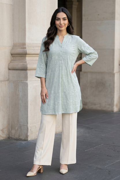 Sea Green Embroidered Rayon Flax Straight Tunic