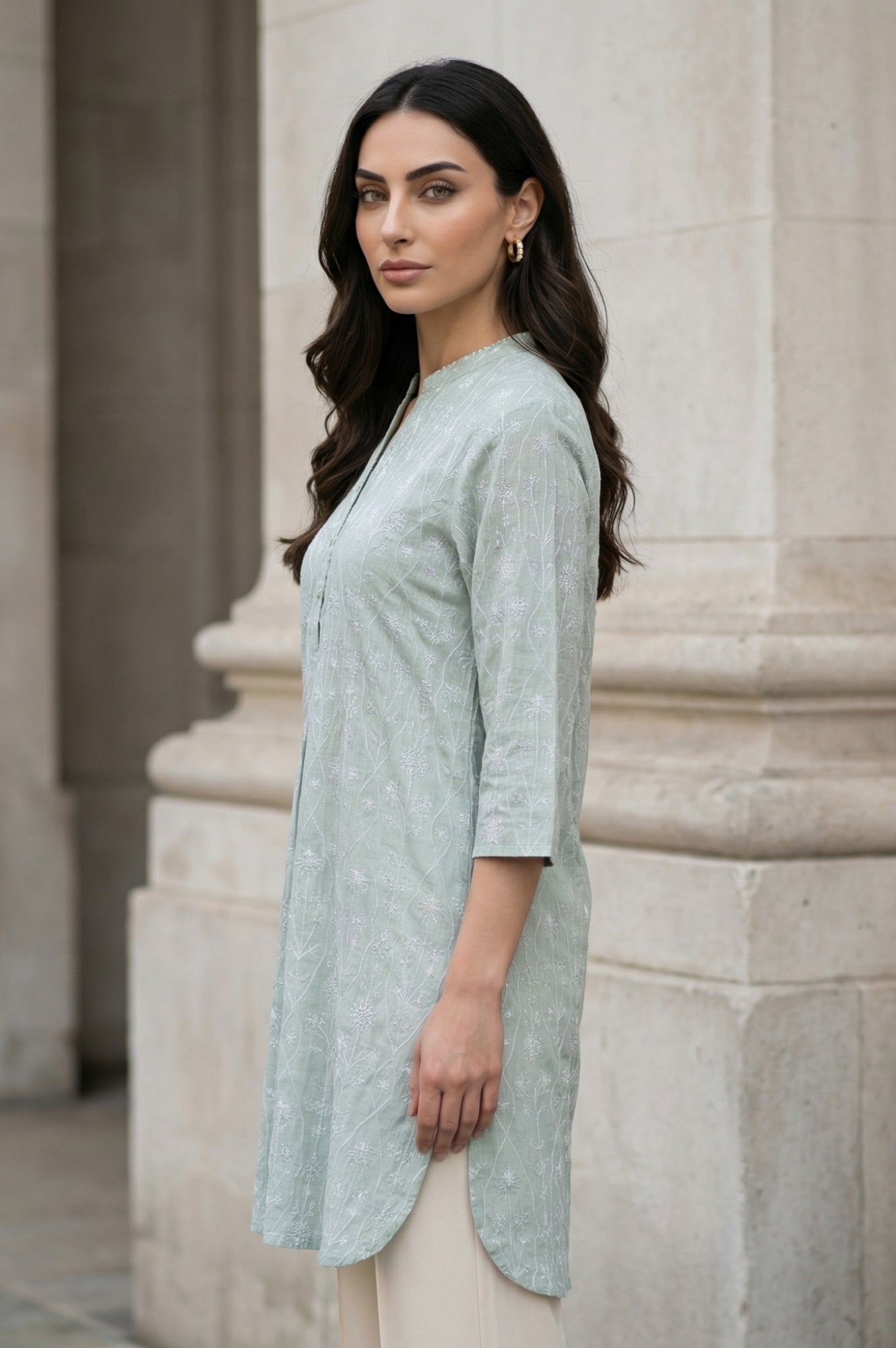Sea Green Embroidered Rayon Flax Straight Tunic