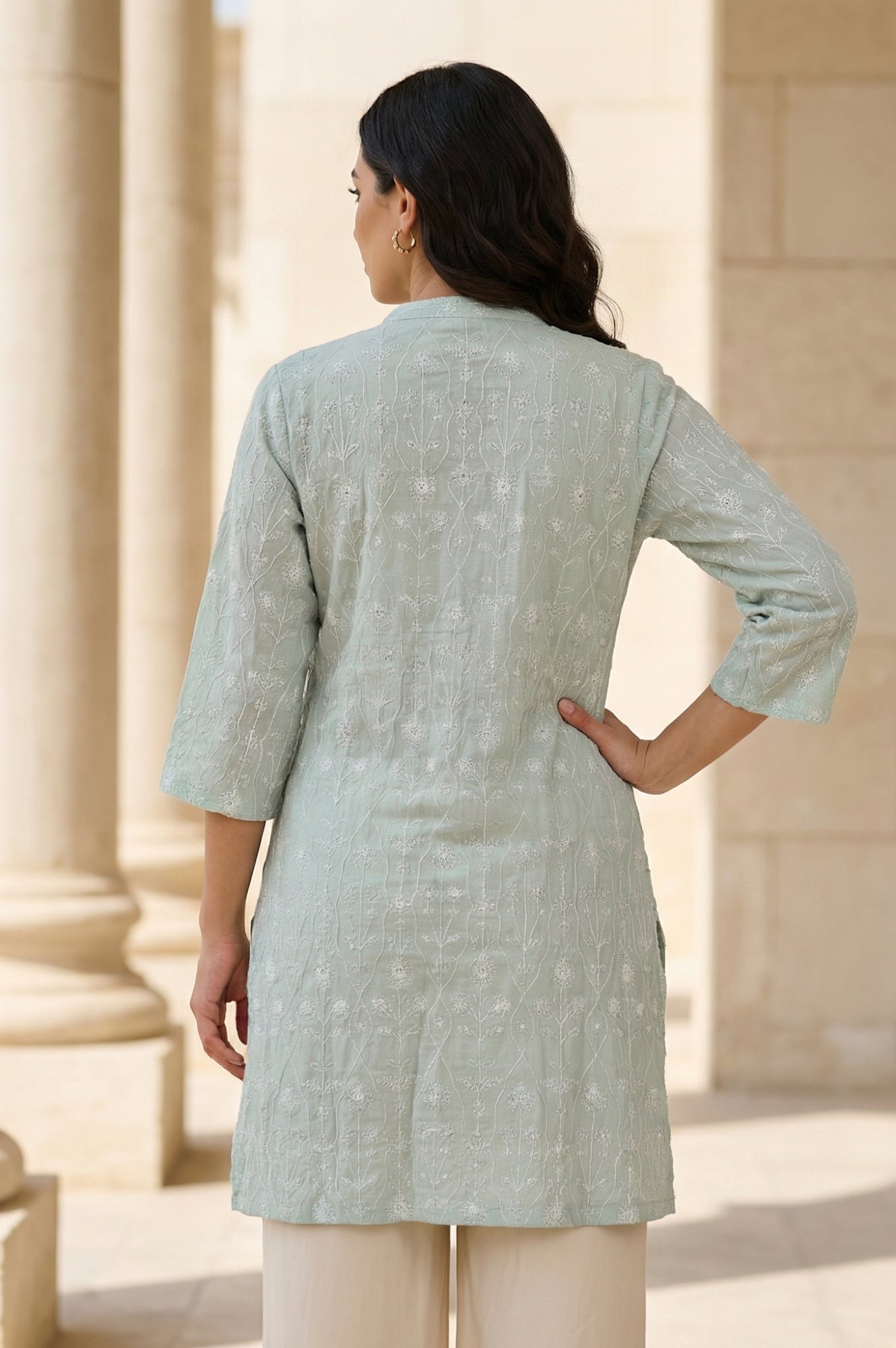 Sea Green Embroidered Rayon Flax Straight Tunic