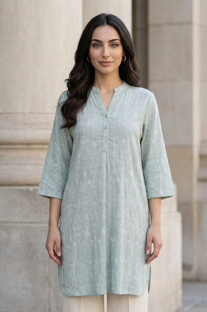 Sea Green Embroidered Rayon Flax Straight Tunic