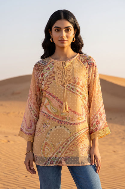 Beige Paisley Swiss Dot Chiffon Straight Top