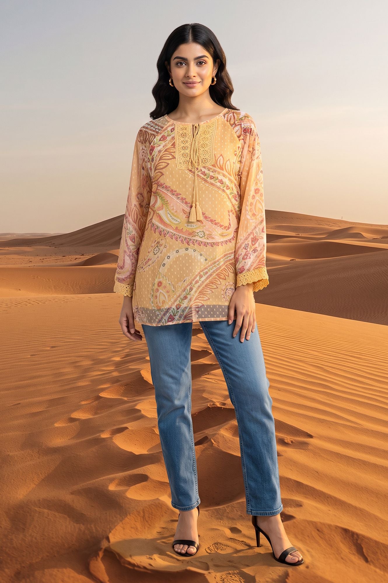 Beige Paisley Swiss Dot Chiffon Straight Top