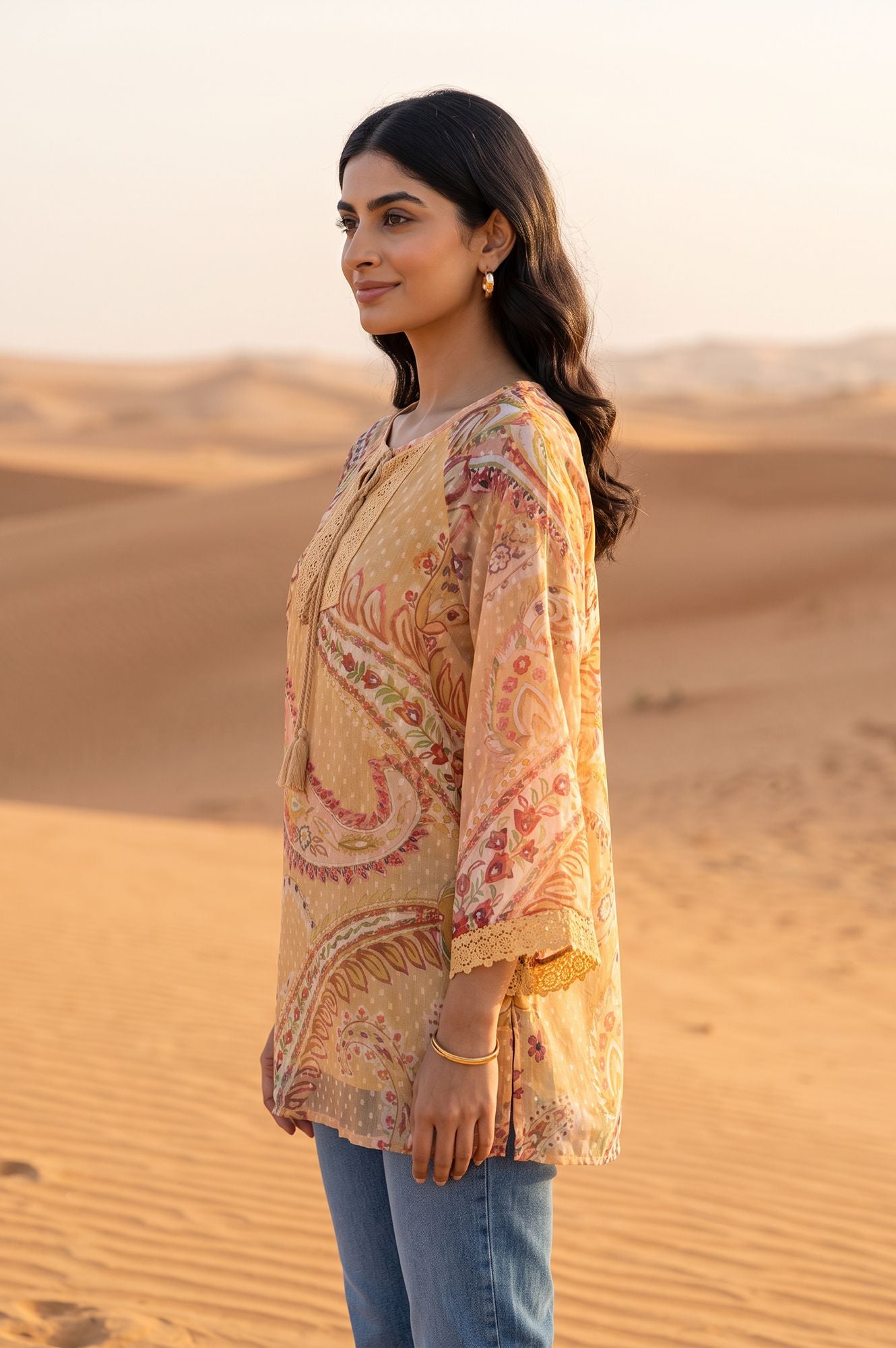 Beige Paisley Swiss Dot Chiffon Straight Top