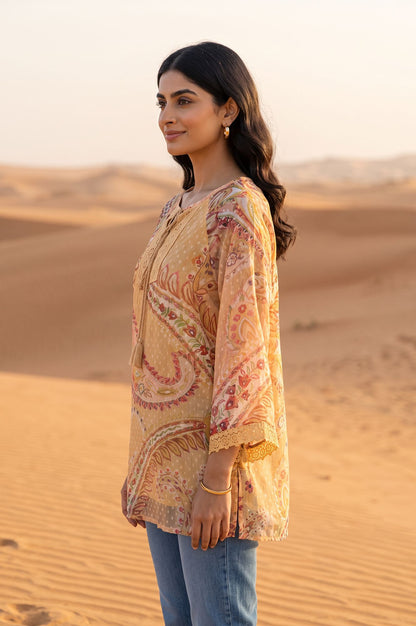 Beige Paisley Swiss Dot Chiffon Straight Top