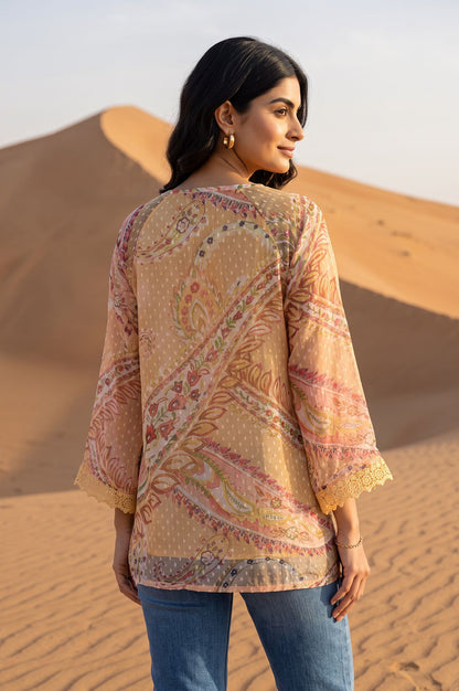 Beige Paisley Swiss Dot Chiffon Straight Top
