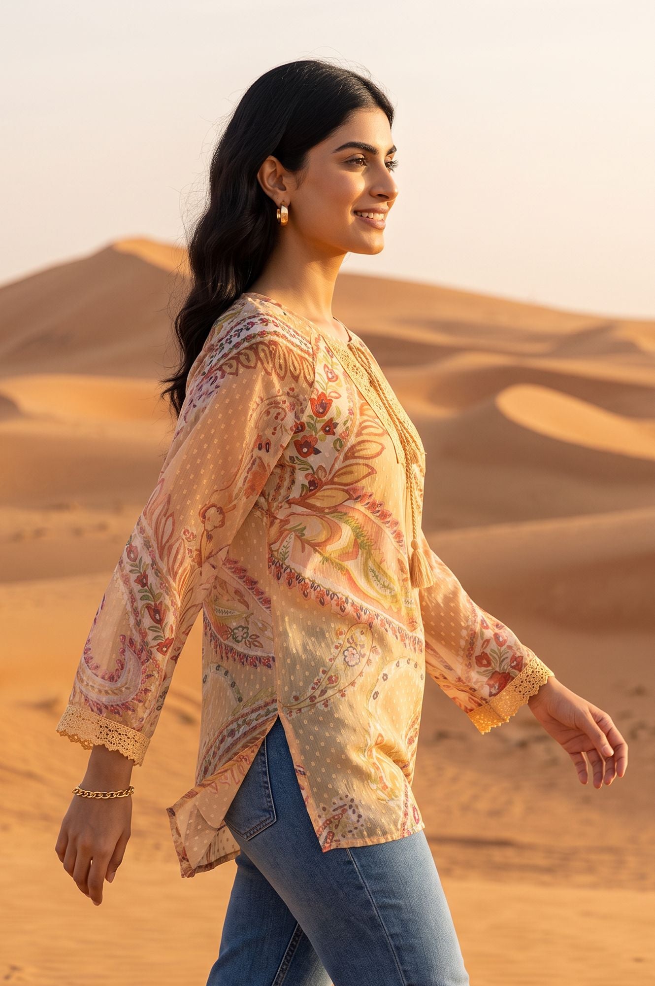 Beige Paisley Swiss Dot Chiffon Straight Top