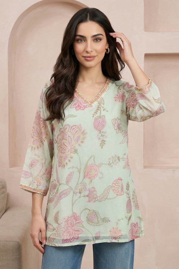Green Embroidered Chiffon Straight Top