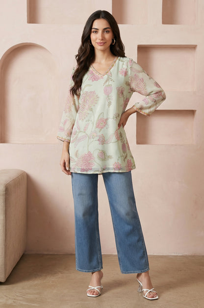 Green Embroidered Chiffon Straight Top