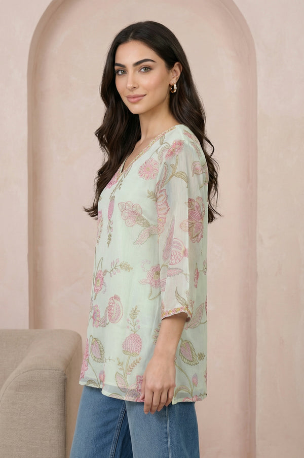 Green Embroidered Chiffon Straight Top