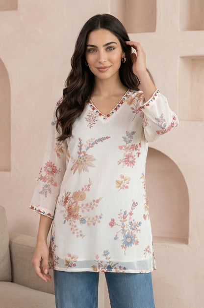 Off White Embroidered Chiffon Straight Top