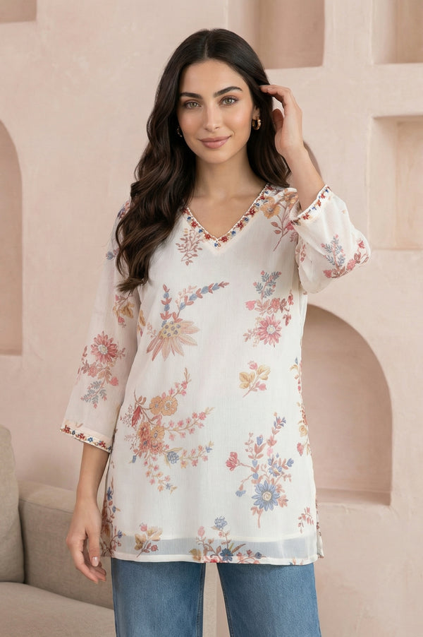 Off White Embroidered Chiffon Straight Top