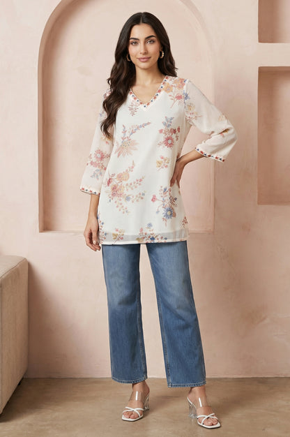 Off White Embroidered Chiffon Straight Top