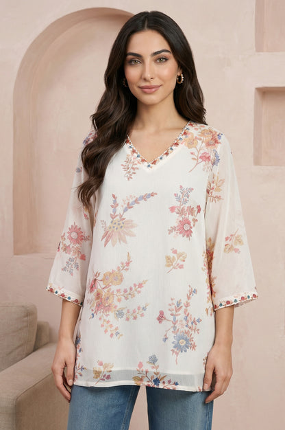 Off White Embroidered Chiffon Straight Top