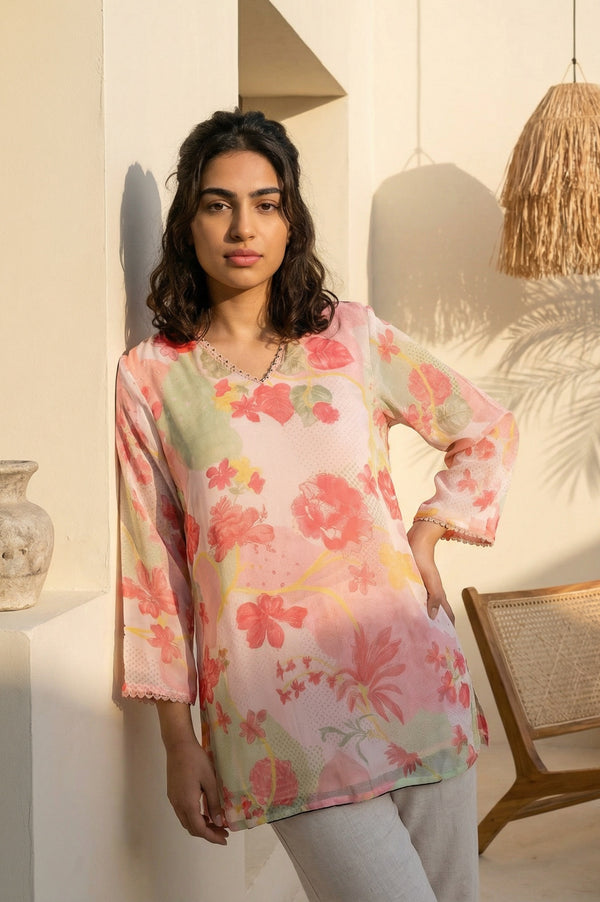 Pink Floral Printed Lace Silver Chiffon Straight Top