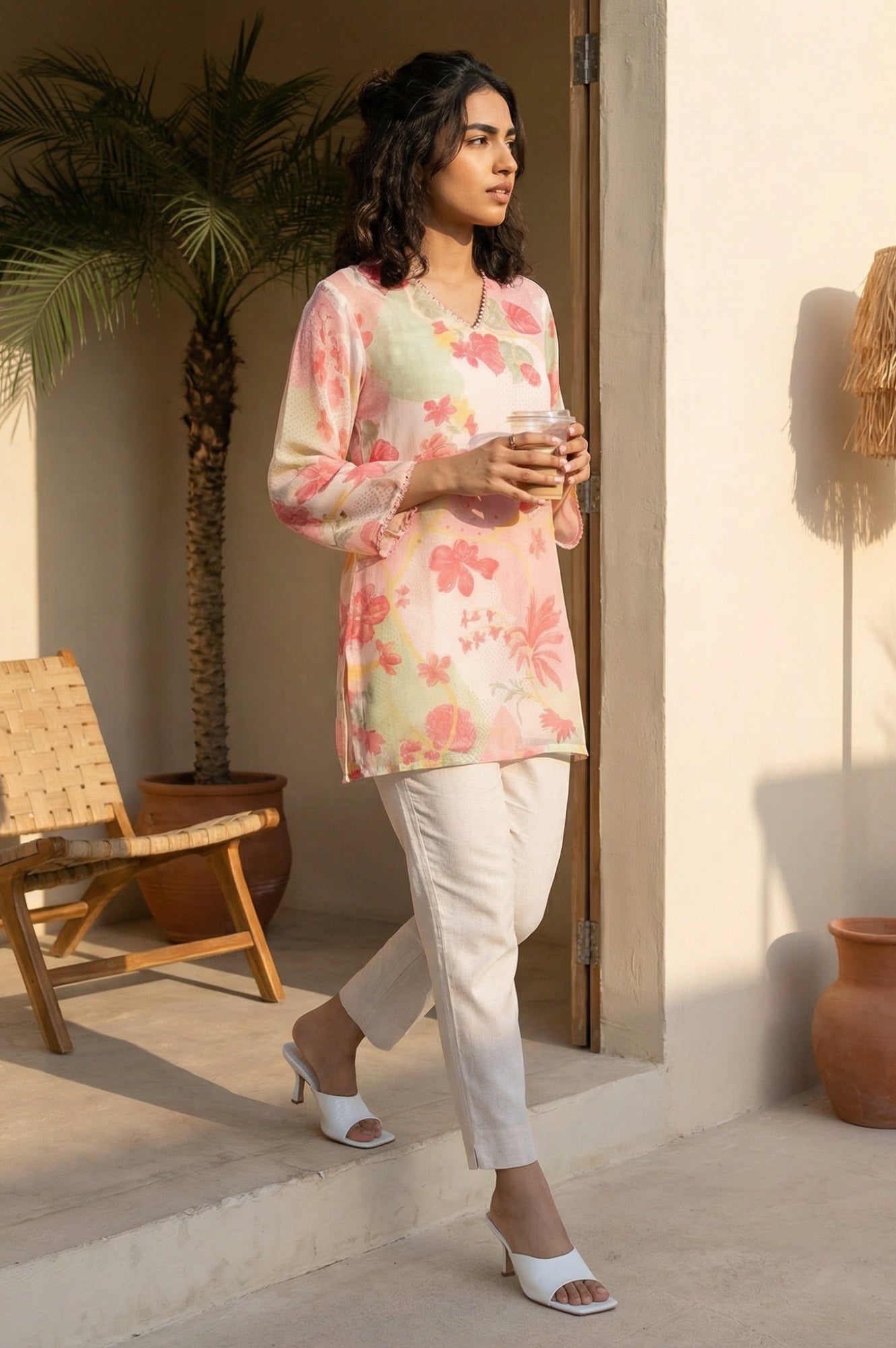 Pink Floral Printed Lace Silver Chiffon Straight Top