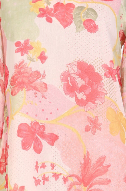 Pink Floral Printed Lace Silver Chiffon Straight Top