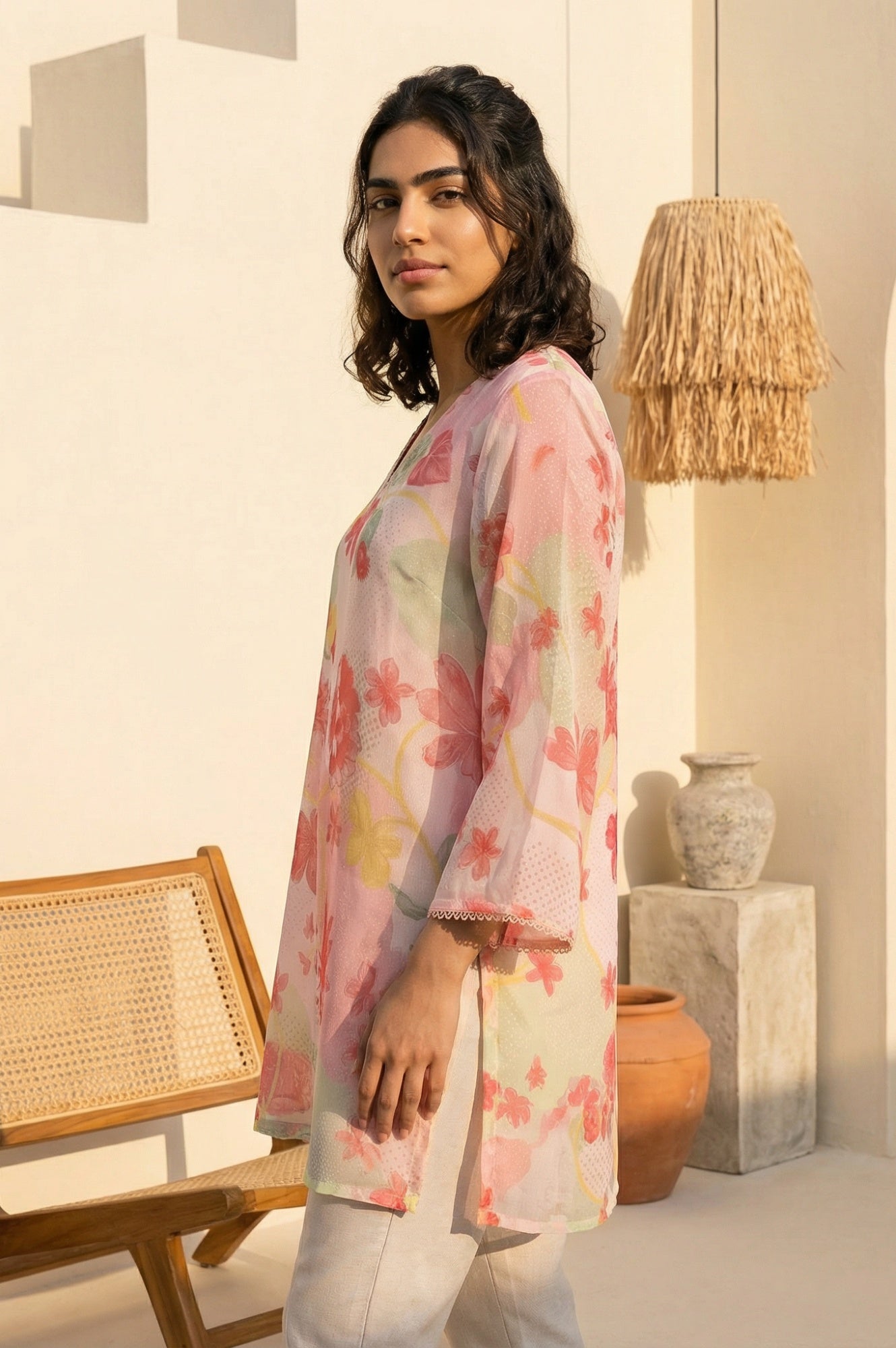 Pink Floral Printed Lace Silver Chiffon Straight Top