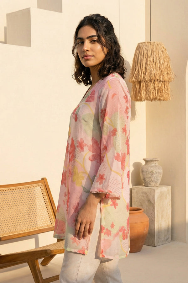 Pink Floral Printed Lace Silver Chiffon Straight Top