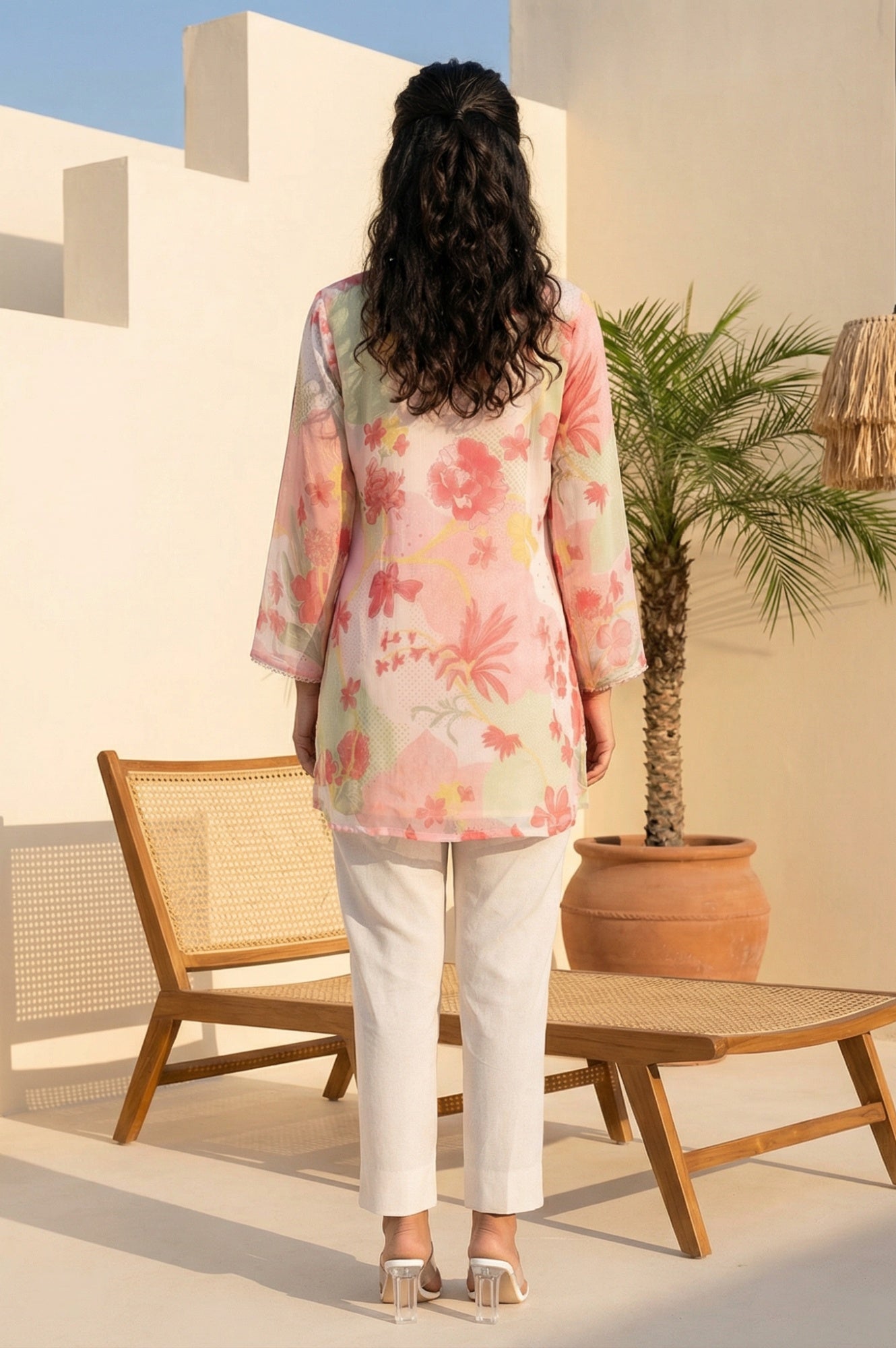 Pink Floral Printed Lace Silver Chiffon Straight Top