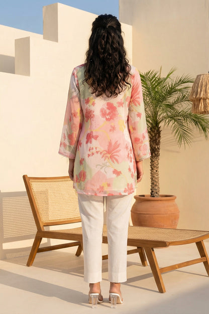 Pink Floral Printed Lace Silver Chiffon Straight Top