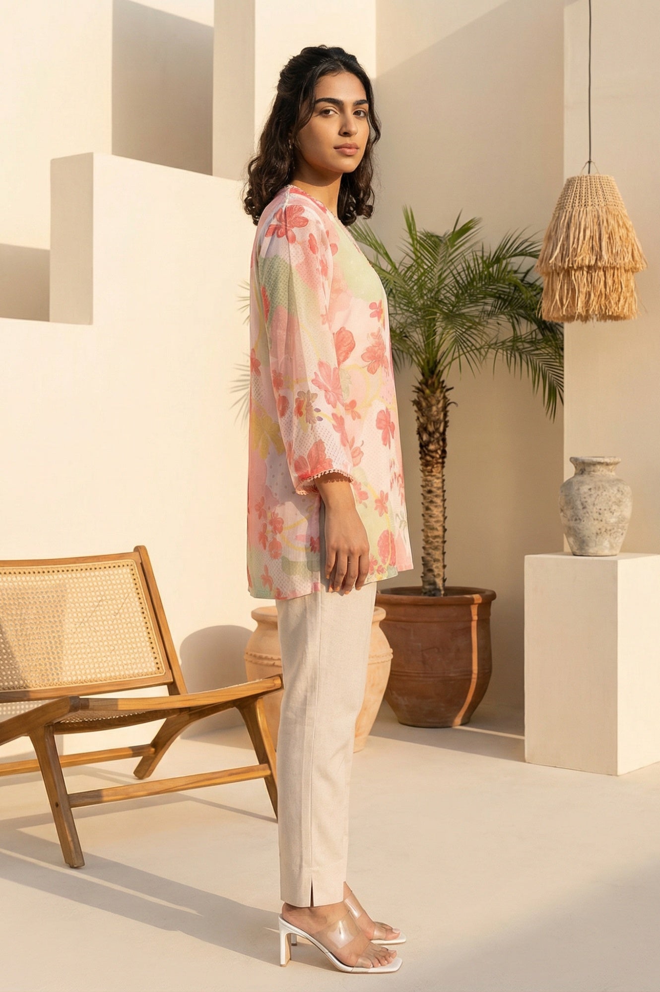 Pink Floral Printed Lace Silver Chiffon Straight Top