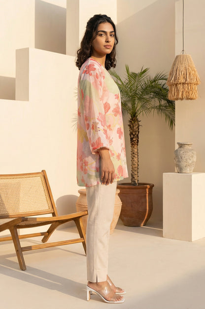 Pink Floral Printed Lace Silver Chiffon Straight Top