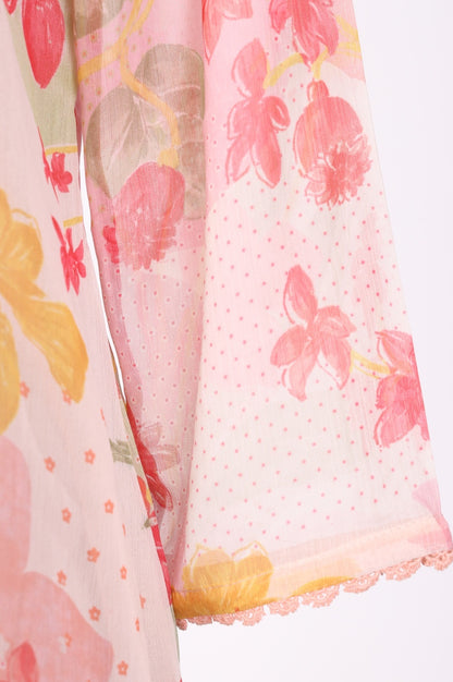 Pink Floral Printed Lace Silver Chiffon Straight Top