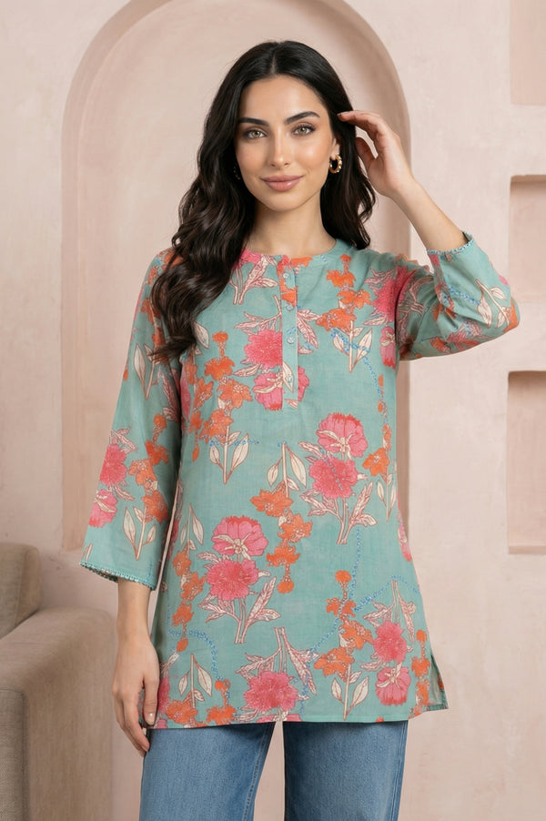 Sea Green Floral Printed Modal Straight Top