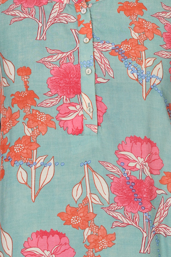 Sea Green Floral Printed Modal Straight Top