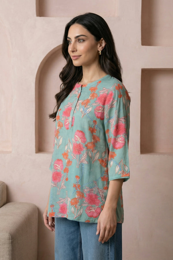 Sea Green Floral Printed Modal Straight Top