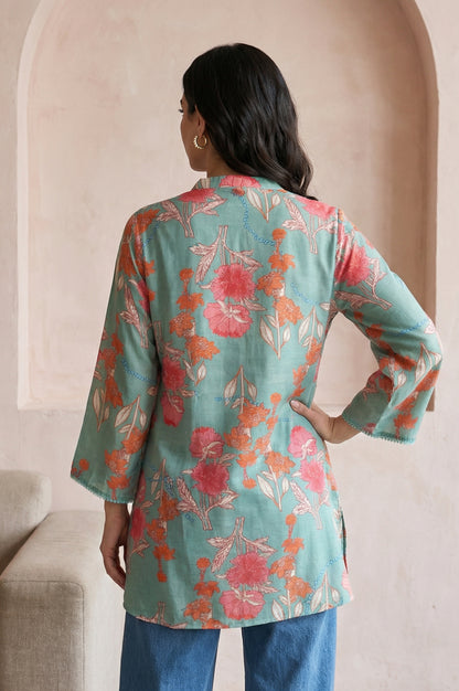 Sea Green Floral Printed Modal Straight Top