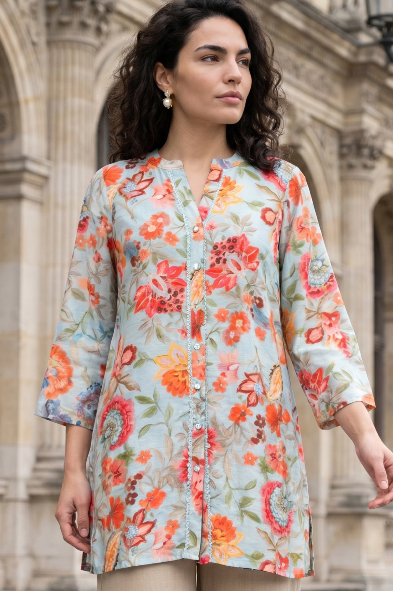 Light Blue Floral Printed Straight Tunic