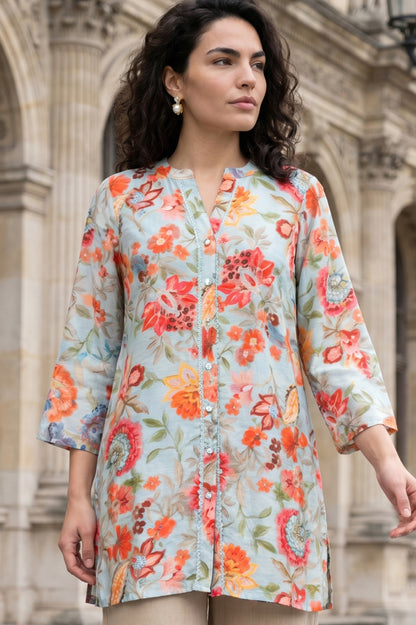 Light Blue Floral Printed Straight Tunic