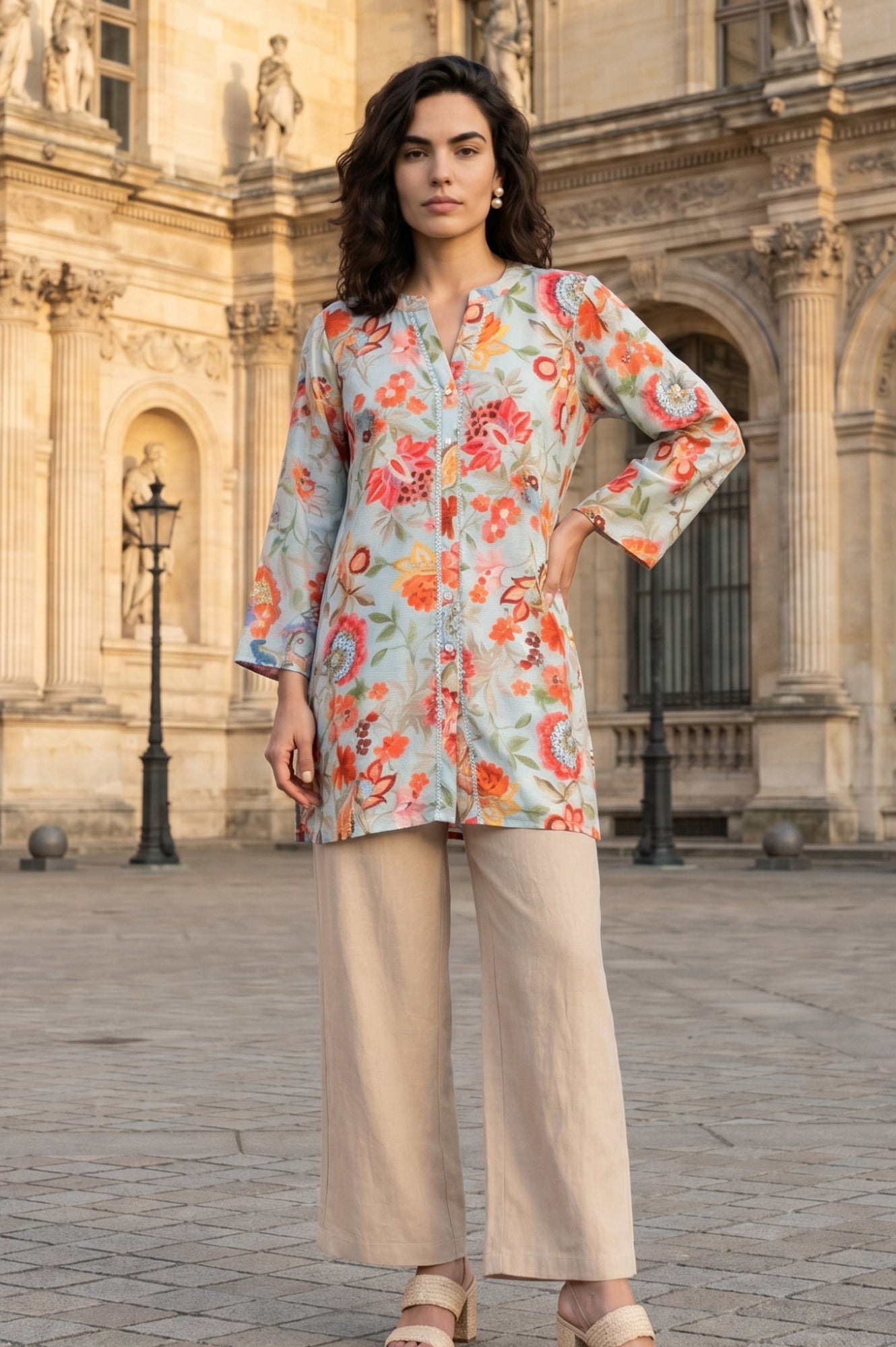 Light Blue Floral Printed Straight Tunic