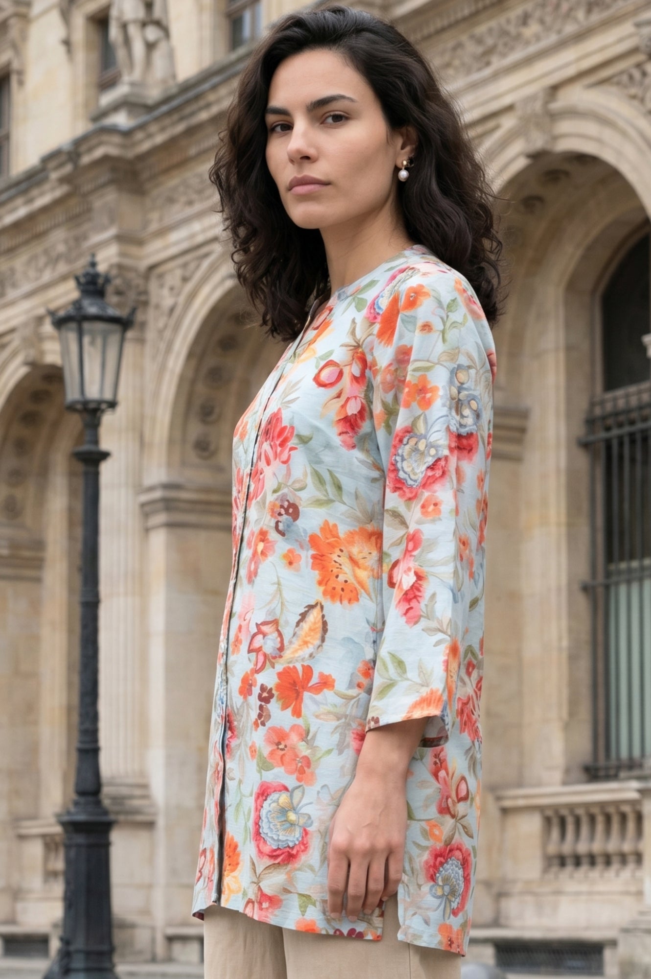 Light Blue Floral Printed Straight Tunic