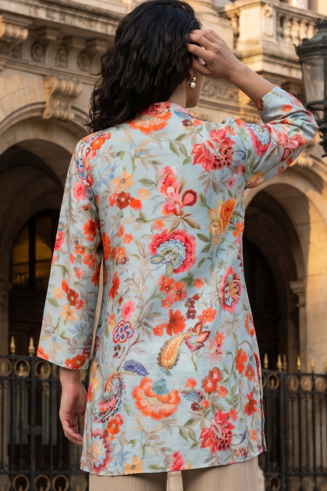 Light Blue Floral Printed Straight Tunic