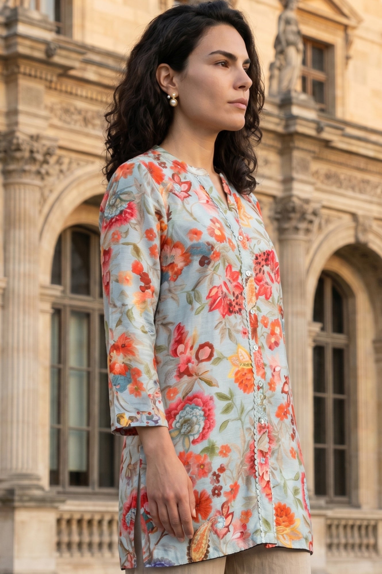 Light Blue Floral Printed Straight Tunic