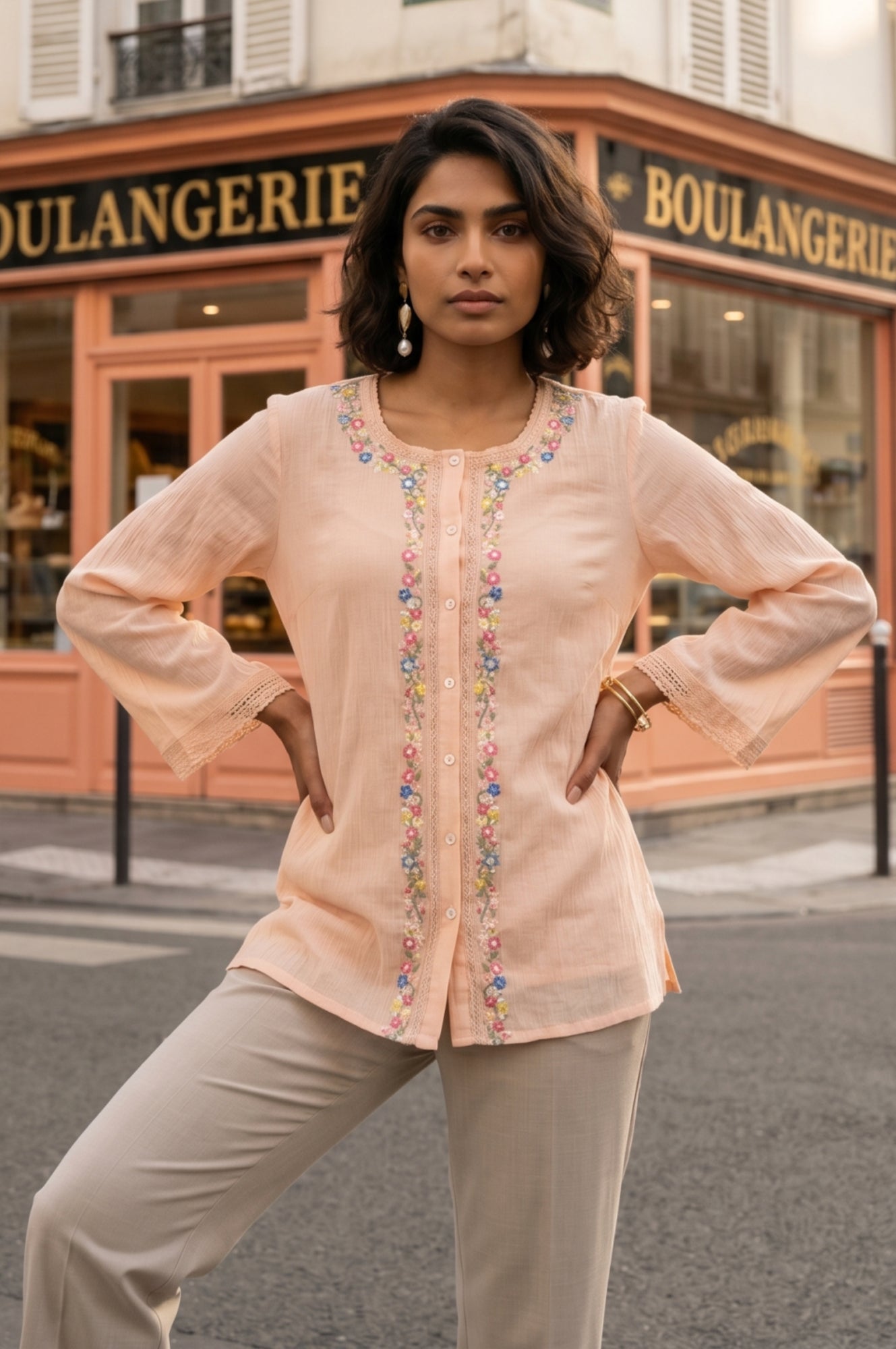 Peach Embroidered Pure Cotton Straight Top