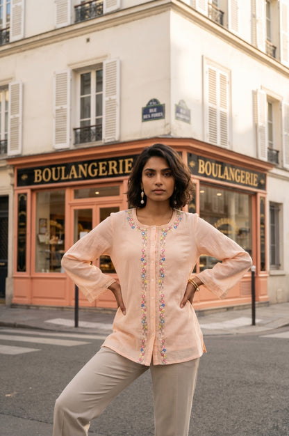 Peach Embroidered Pure Cotton Straight Top