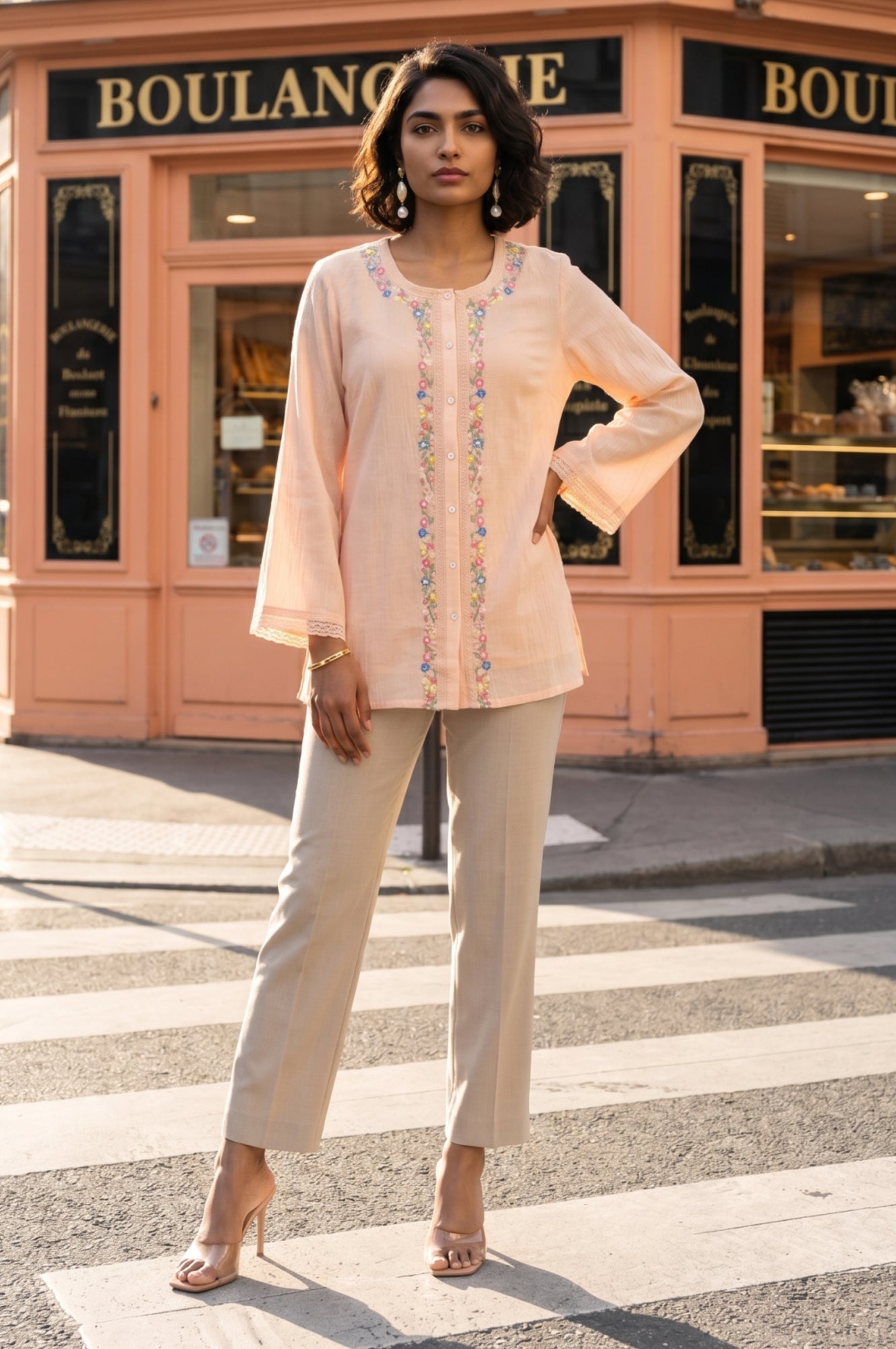 Peach Embroidered Pure Cotton Straight Top
