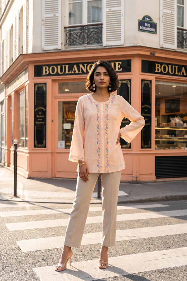 Peach Embroidered Pure Cotton Straight Top
