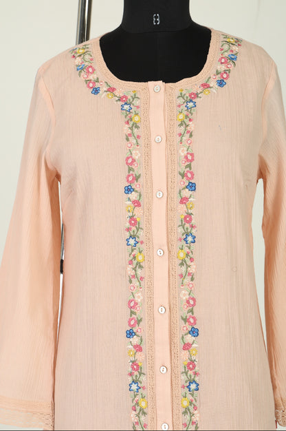 Peach Embroidered Pure Cotton Straight Top