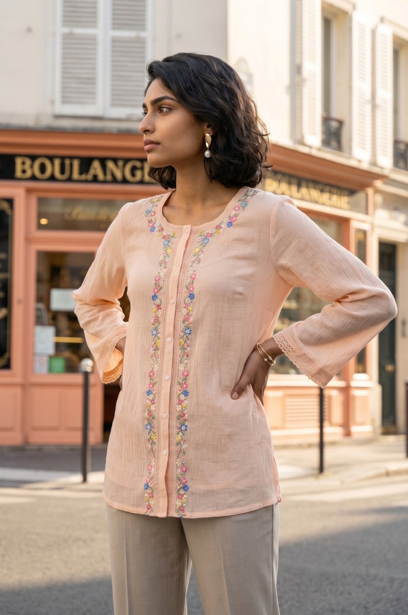 Peach Embroidered Pure Cotton Straight Top