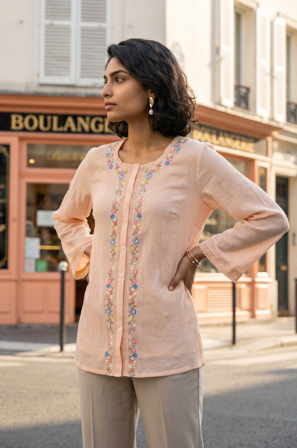 Peach Embroidered Pure Cotton Straight Top