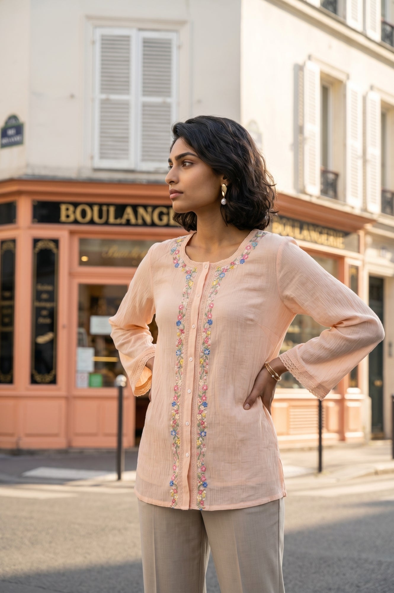 Peach Embroidered Pure Cotton Straight Top