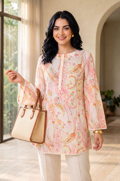 Off White Paisley Printed Pure Cotton Straight Tunic