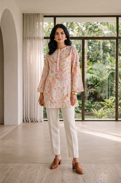 Off White Paisley Printed Pure Cotton Straight Tunic