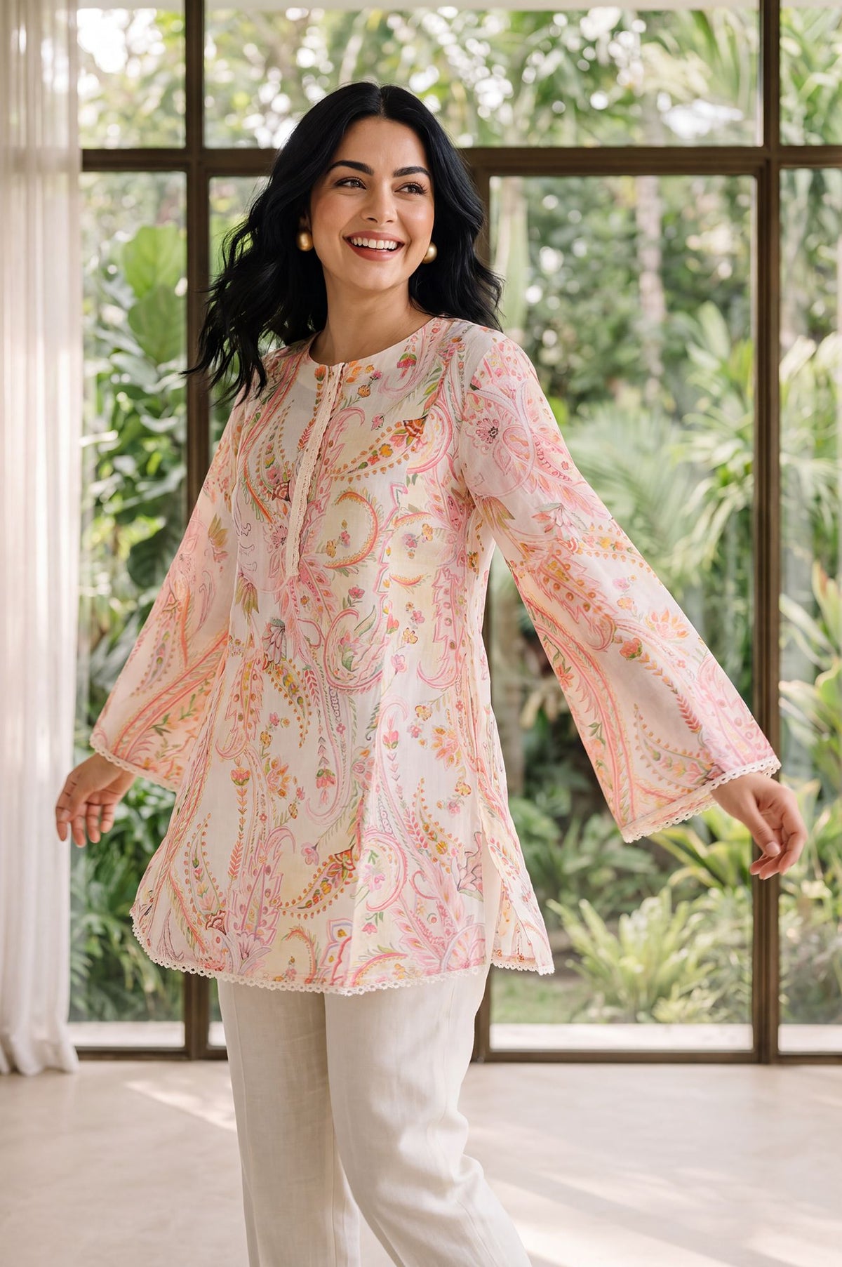 Off White Paisley Printed Pure Cotton Straight Tunic