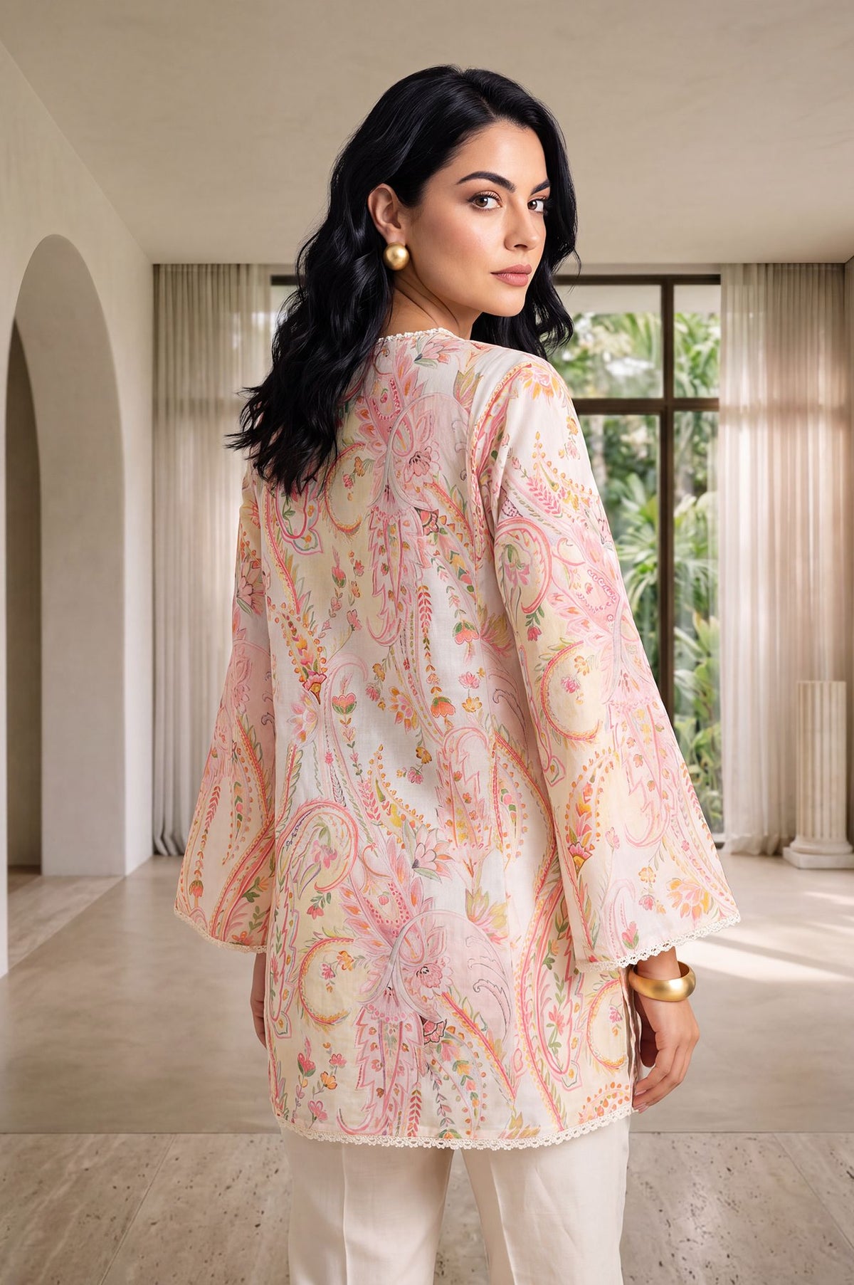 Off White Paisley Printed Pure Cotton Straight Tunic