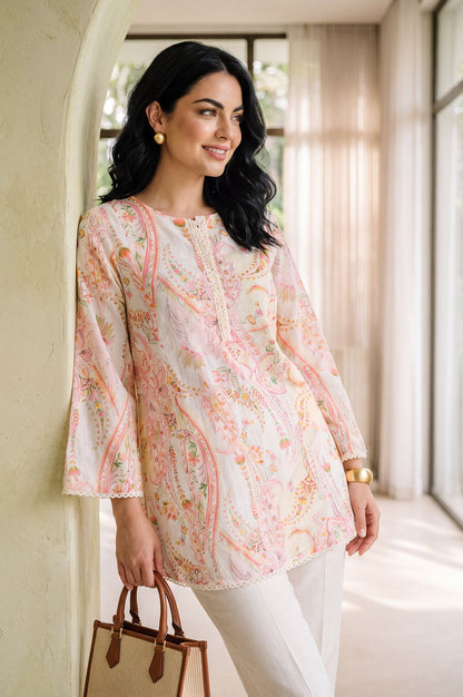 Off White Paisley Printed Pure Cotton Straight Tunic